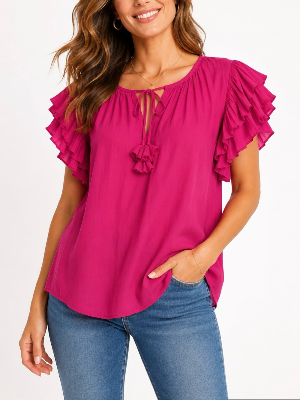 Rose & Olive Magenta Ruffle-Sleeve Blouse